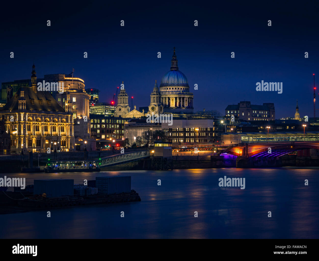 St Pauls Cathedral, Blackfriars Bridge, River Thames, and London skyline at dusk. Stock Photo