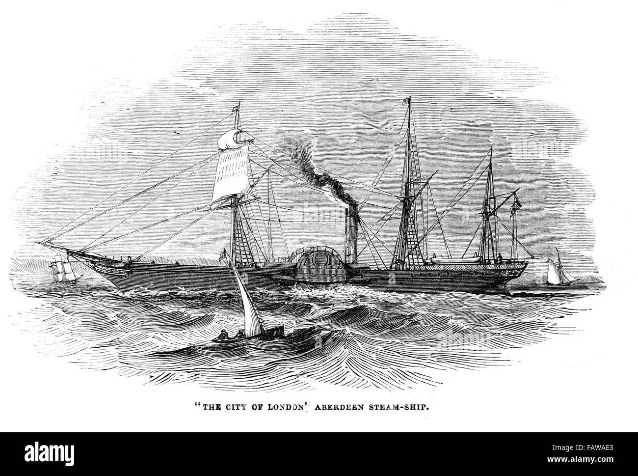SS The City of London Steam Ship, 1844. Illustrated London News July 1844; Black and White Illustration; Stock Photo