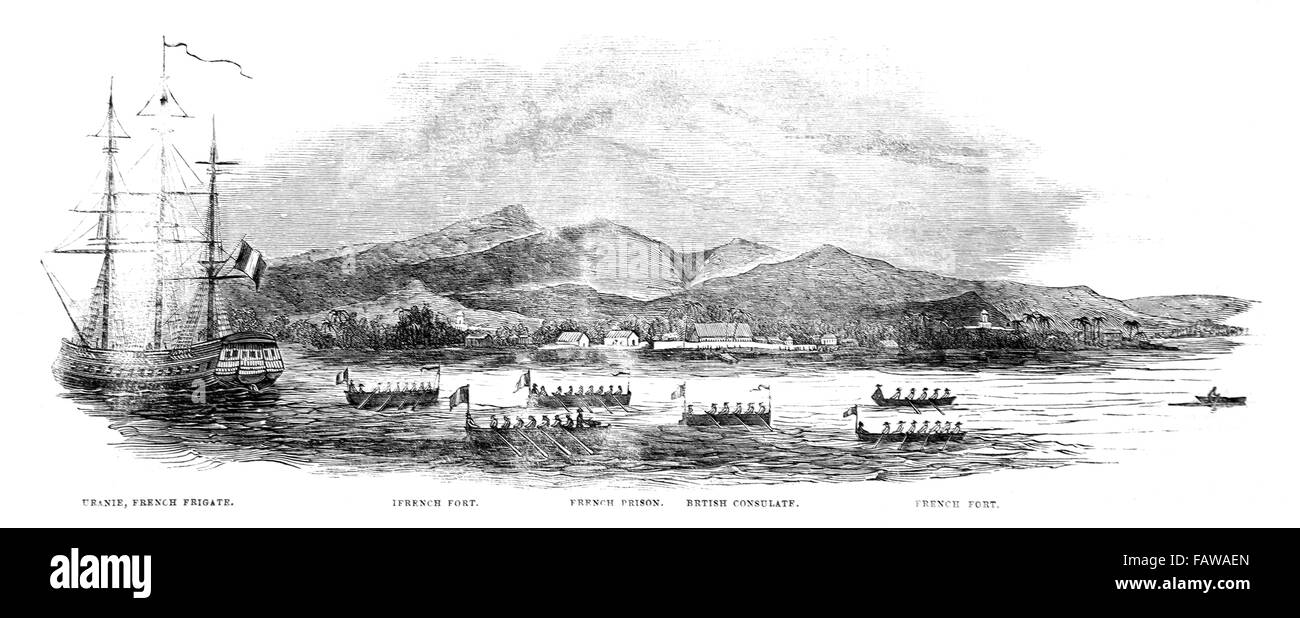 The French blockade of Tahiti; Tahitian War of Independence 1844; Illustrated London News July 1844; Black and White Illustratio Stock Photo