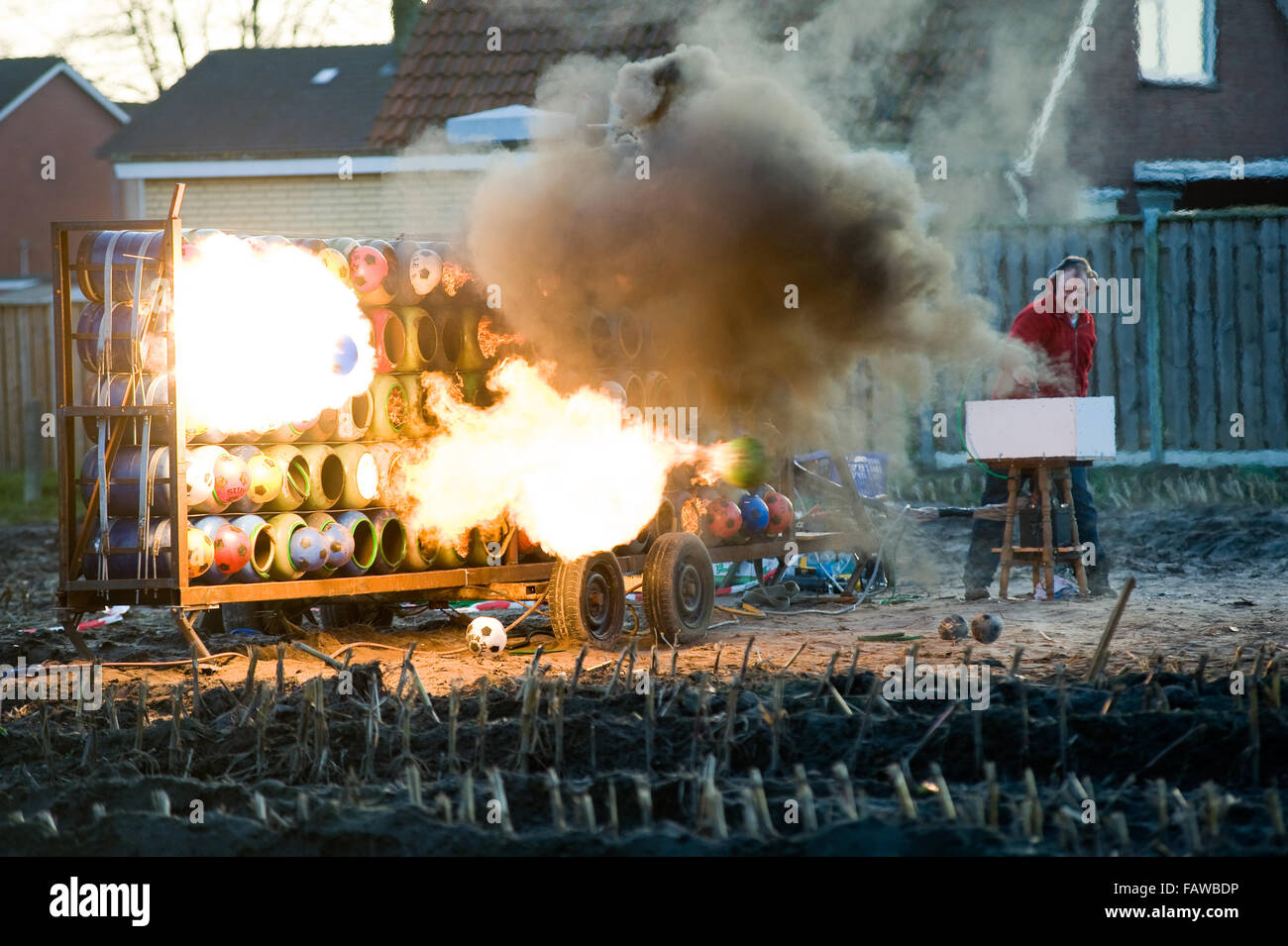 ENSCHEDE, NETHERLANDS - DEC 31, 2015: Carbide exploding is a tradition on new year's eve in The Netherlands and Belgium. Stock Photo