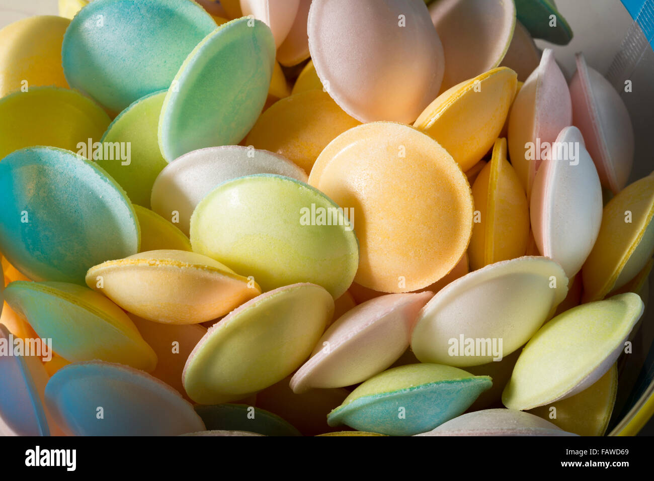 A close up of sherbet filled flying saucer sweets or candy Stock Photo