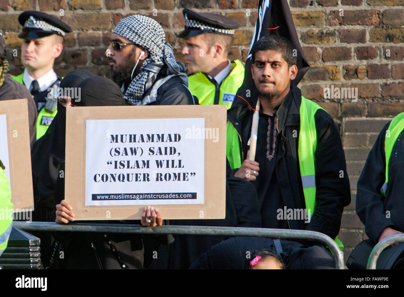 FILE PIC: London, UK. 18th September, 2010. The chief suspect in the latest propaganda video by so-called Islamic State (IS) is thought to be British man Siddhartha Dhar (Abu Rumaysah), seen here furthest right. London 18th September 2010 (File Image) Credit:  martyn wheatley/Alamy Live News Stock Photo