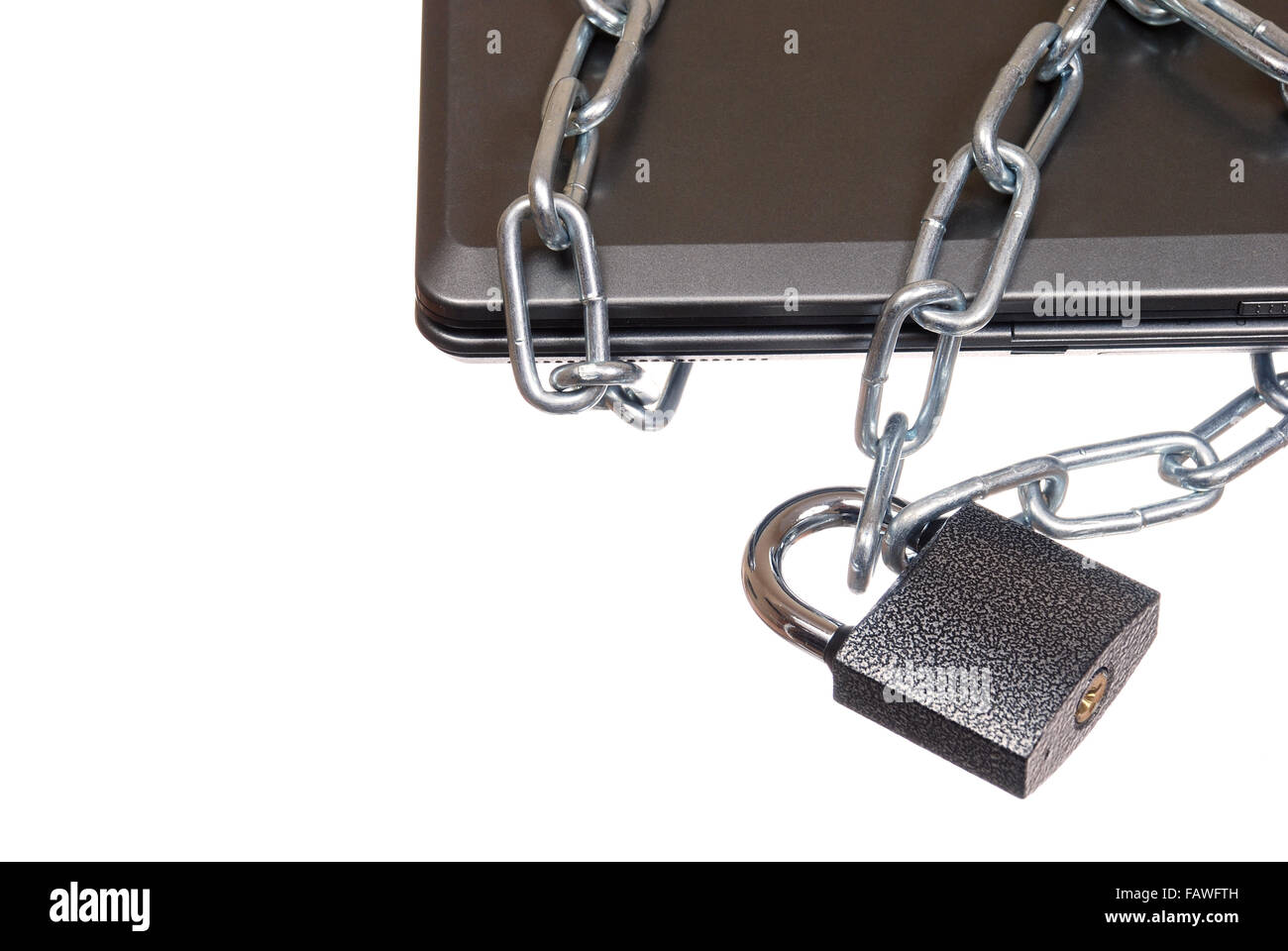 laptop, bound in a chain with a closed lock on white background. Data ...