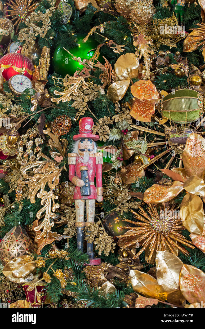 Denver, Colorado - Decorations on a Christmas tree inside Union Station. Stock Photo