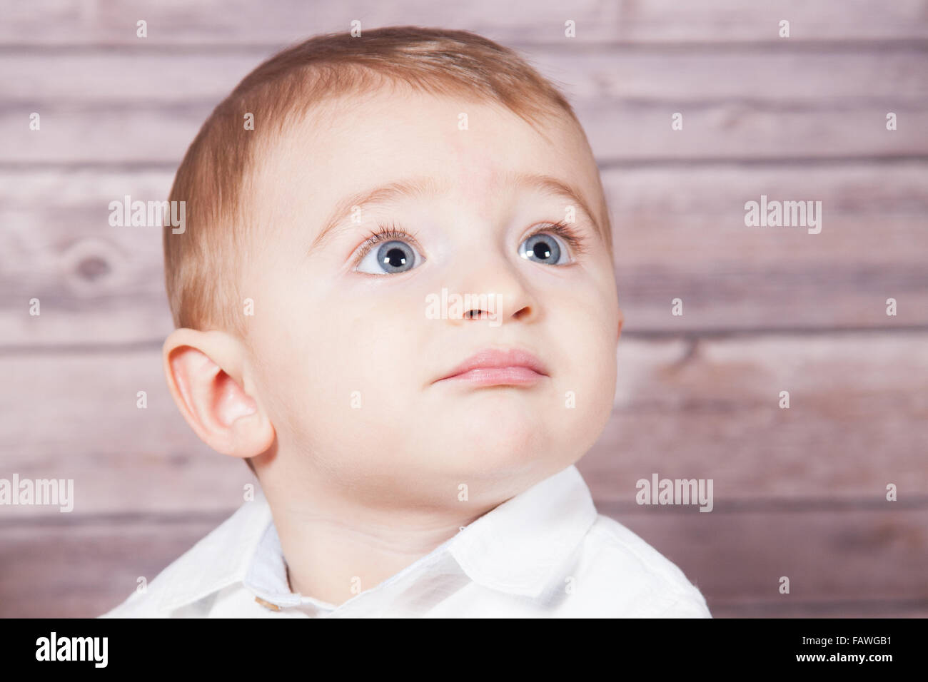 Portrait of 1 year old baby boy, Christmas theme, studio shot. Stock Photo