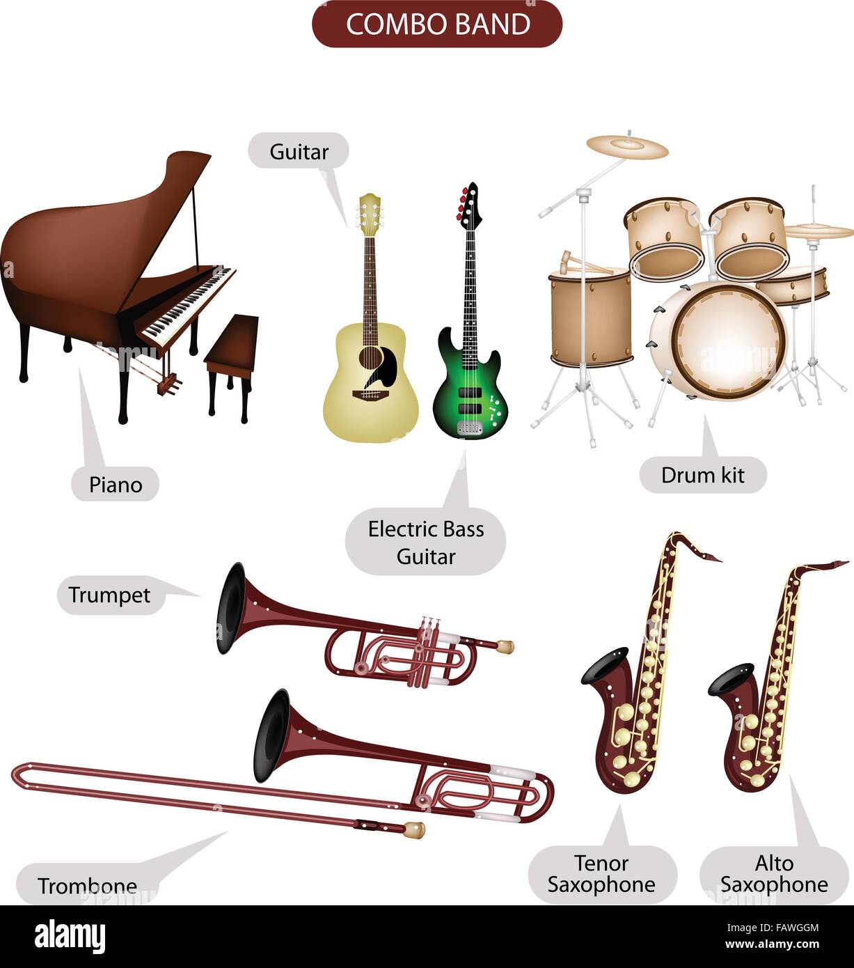 Illustration Brown Color Collection of Musical Instruments Combo Brand, Piano, Guitar, Electric Bass Guitar, Drum Kit, Trumpet, Stock Vector