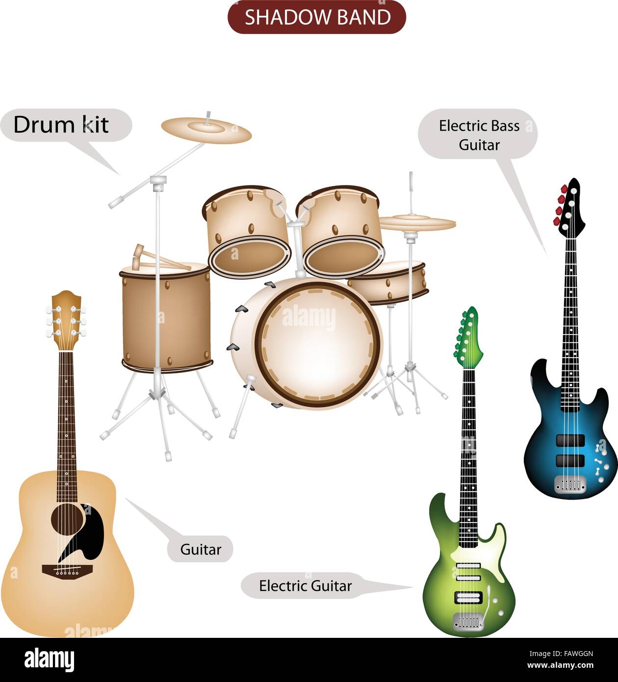 Illustration Brown Color Collection of Musical Instruments Shadow Band
