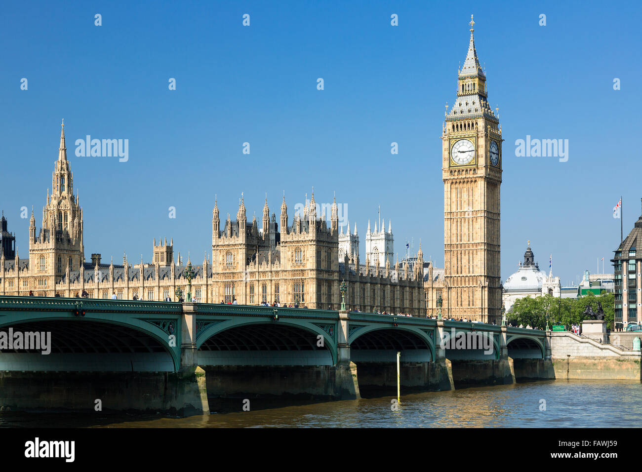 London, Big Ben Clock Tower and Westminster Bridge Stock Photo