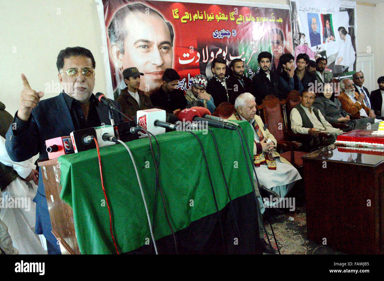Peoples Party (PPP) Balochistan President, Sadiq Umrani addresses to participants during 88th Birthday Day Anniversary ceremony of PPP Leader, Late Zulfiqar Ali Bhutto, held in Quetta on Tuesday, January 05, 2016. Stock Photo