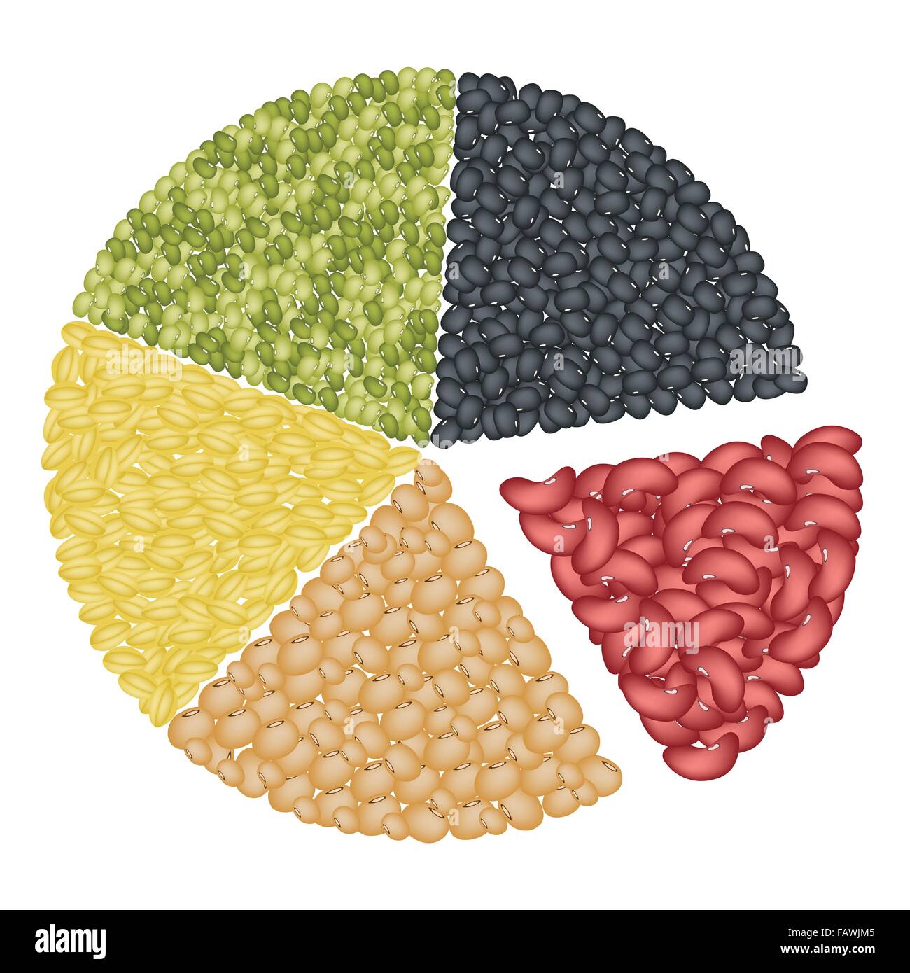 An Illustration Collection of Different Dried Beans, Mung Bean, Kidney Bean, Black Eye Bean, Soy Bean and Yellow Split Peas Form Stock Photo