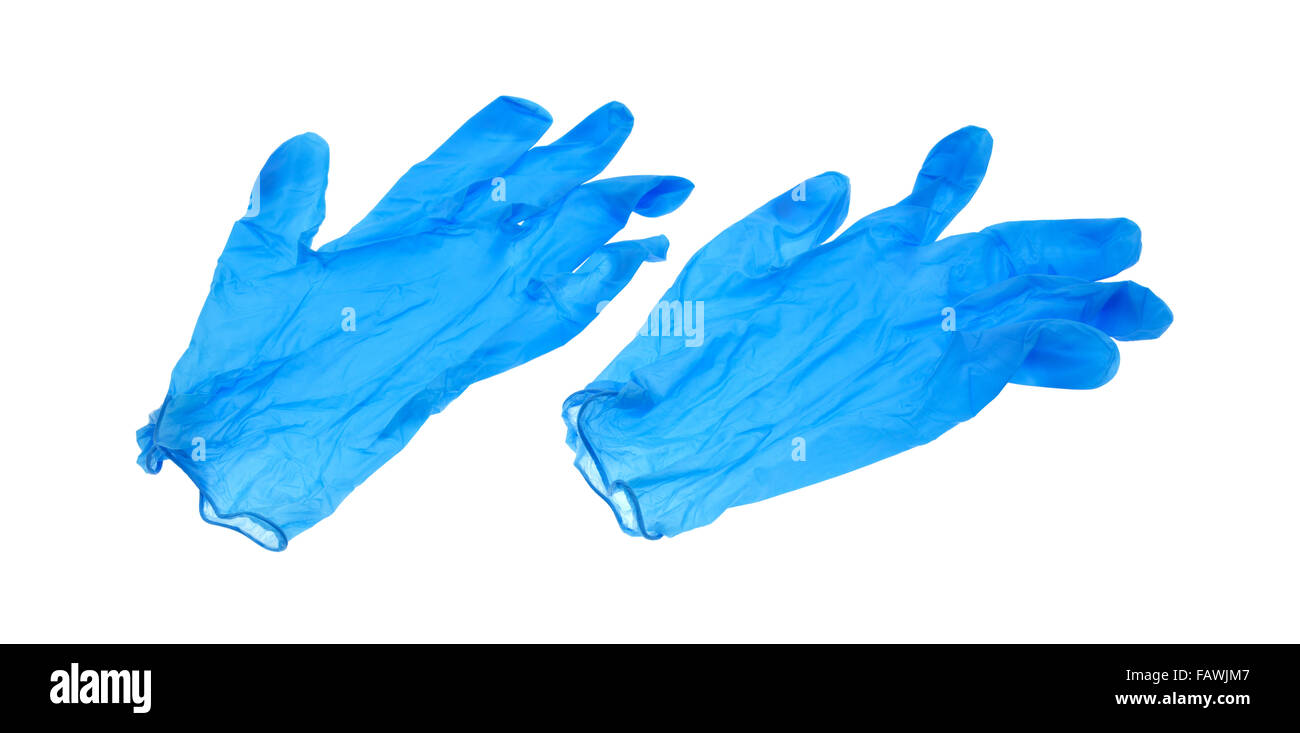 A pair of new blue latex protective gloves isolated on a white background. Stock Photo