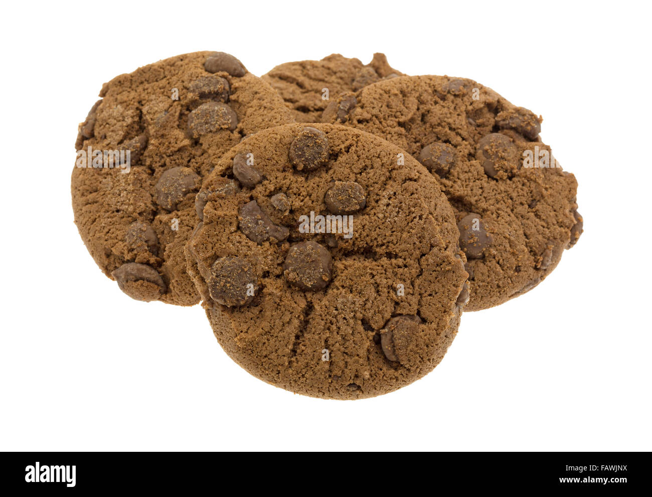 A group of chocolate chip cookies with extra chocolate chips isolated