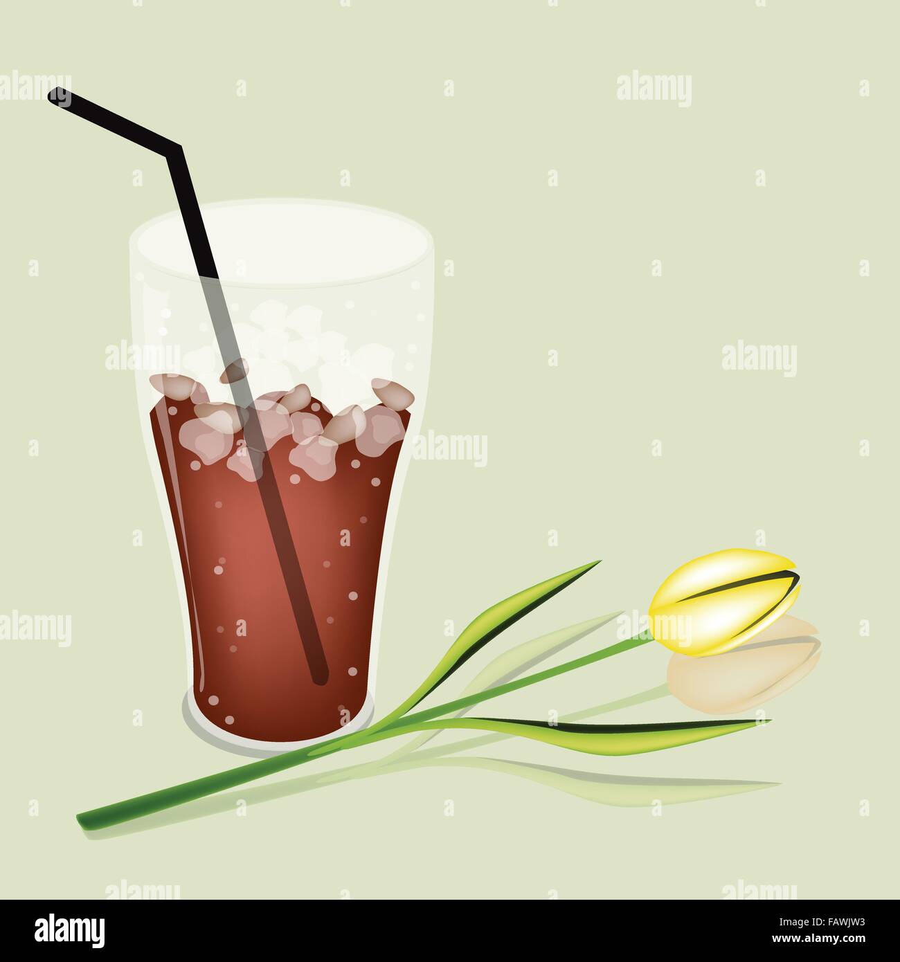 Coffee Time A Glass Of Iced Or Cola With Beautiful Yellow Tulip Served As Beverage Cream Milk On Retro Blue Coffee Time A Glass Of Iced Or Cola With Beautiful Yellow Tulip Served As Beverage Cream Milk On Retro Blue