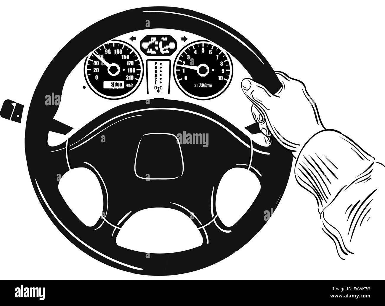 control of the car. hand on car steering wheel. sketch Stock Vector