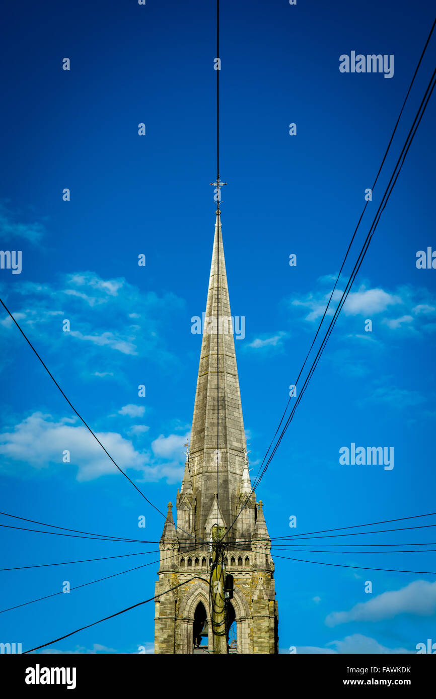 Church Steeple with Electrical Wires Stock Photo