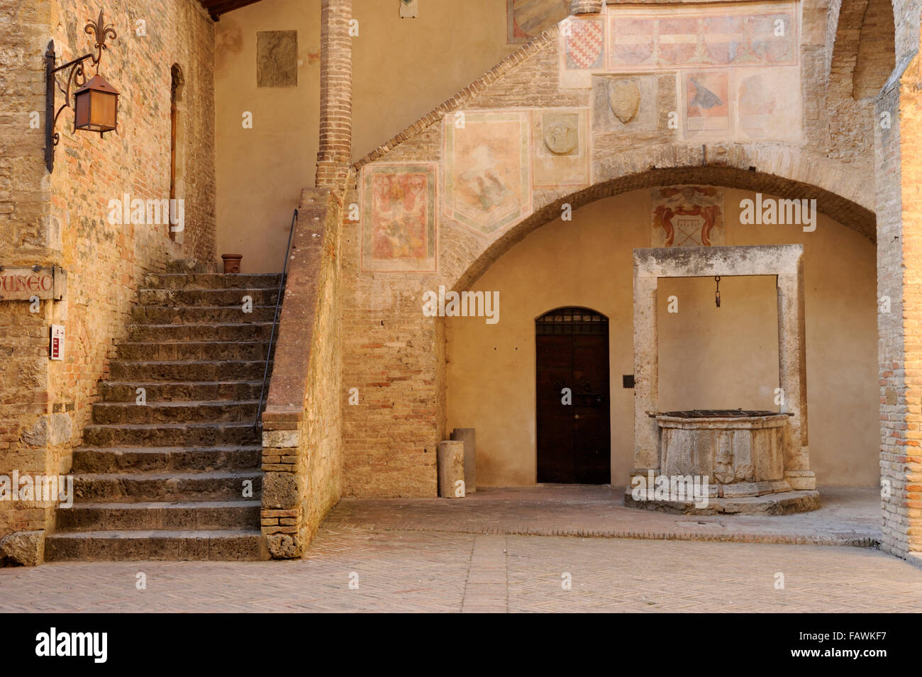 Courtyard 14th Century Palazzo Del Popolo Civic Museum San Gimignano Tuscany Italy Stock