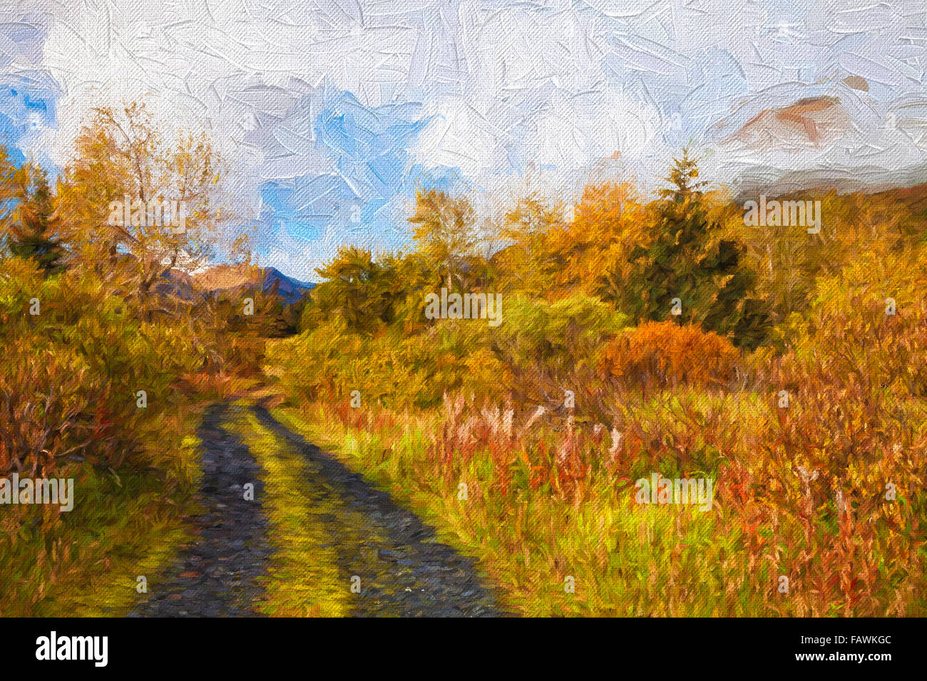 Autumn scenic oil painting along Chiniak Highway; Kodiak, Alaska, United States of America Stock Photo