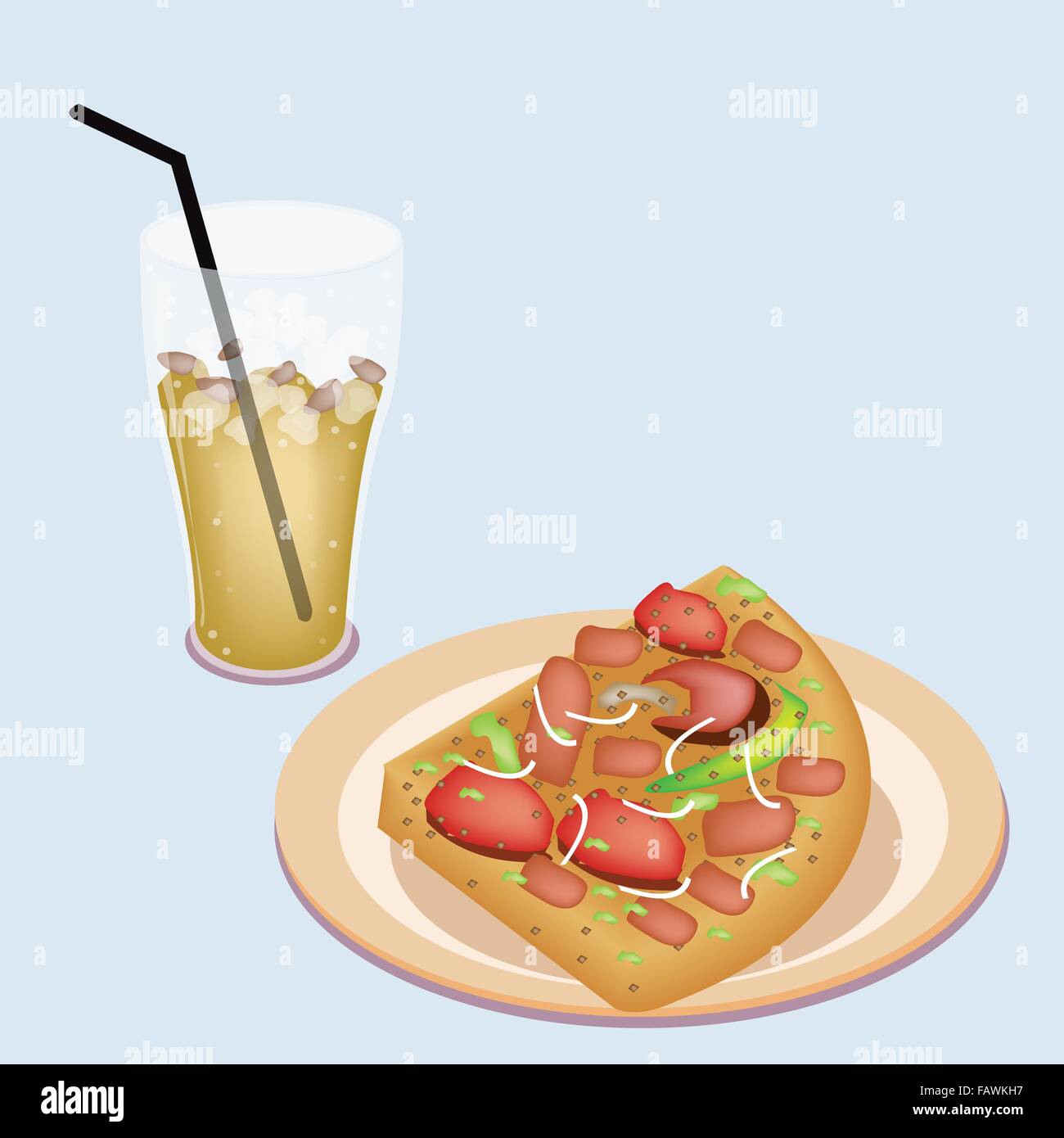 An Illustration of Serving Delicious Pepperoni Pizza with Fresh Tomato, Pesto Sauce, Olives, Basil Leaves and Gobs of Mozzarella Stock Vector
