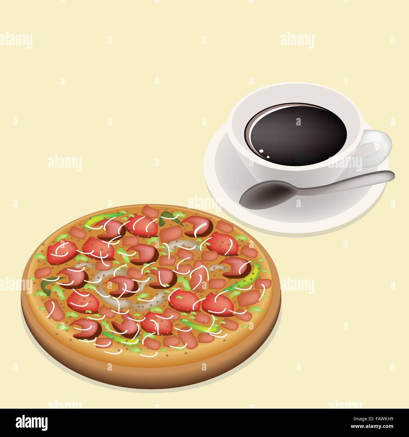 An Illustration of Delicious Pepperoni Pizza with Fresh Tomato, Pesto Sauce, Olives, Basil Leaves and Gobs of Mozzarella Cheese, Stock Vector