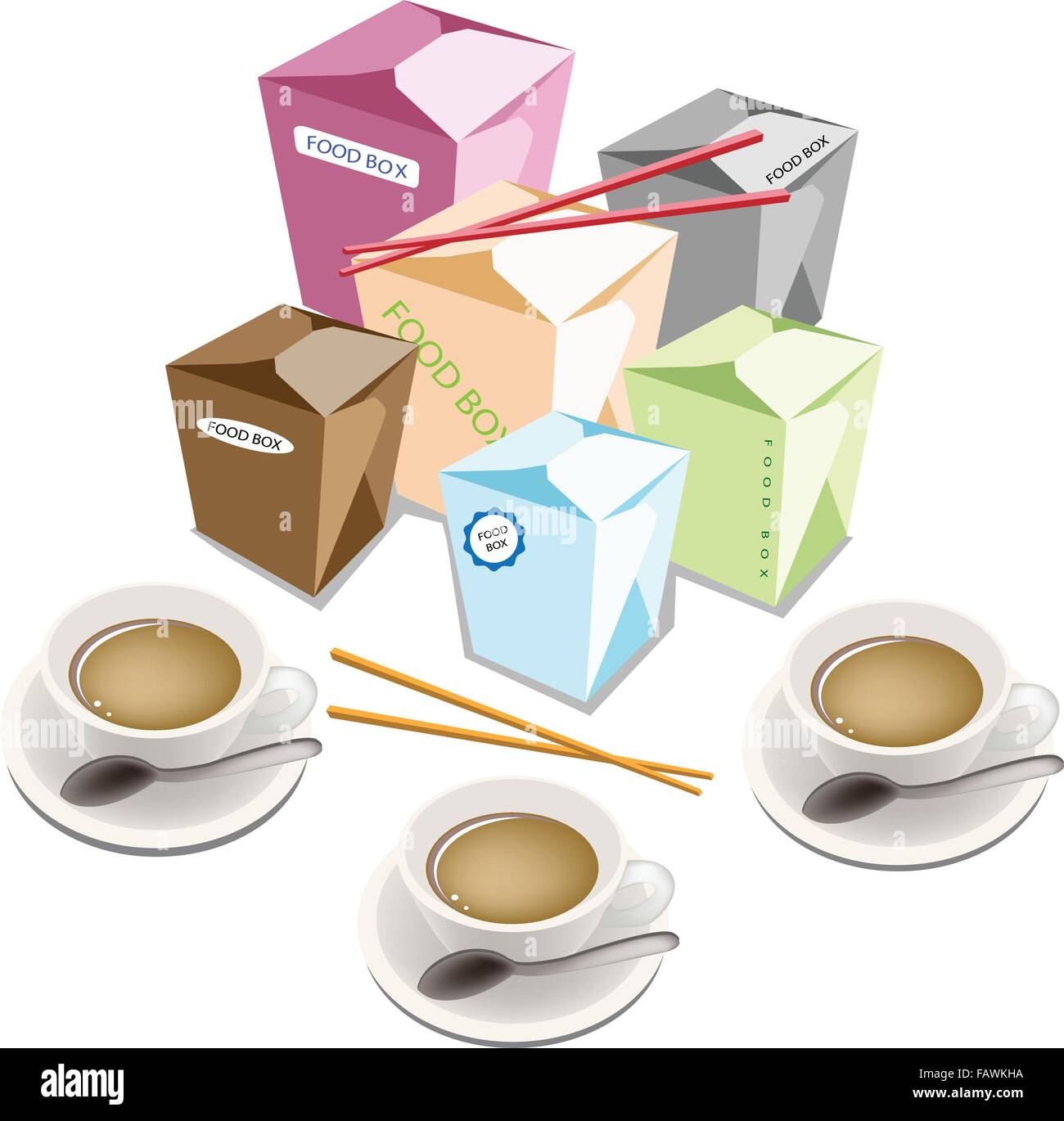 An Illustration of Muti Size and Colorful Blank Chinese Food Containers and Chopsticks Isoleted