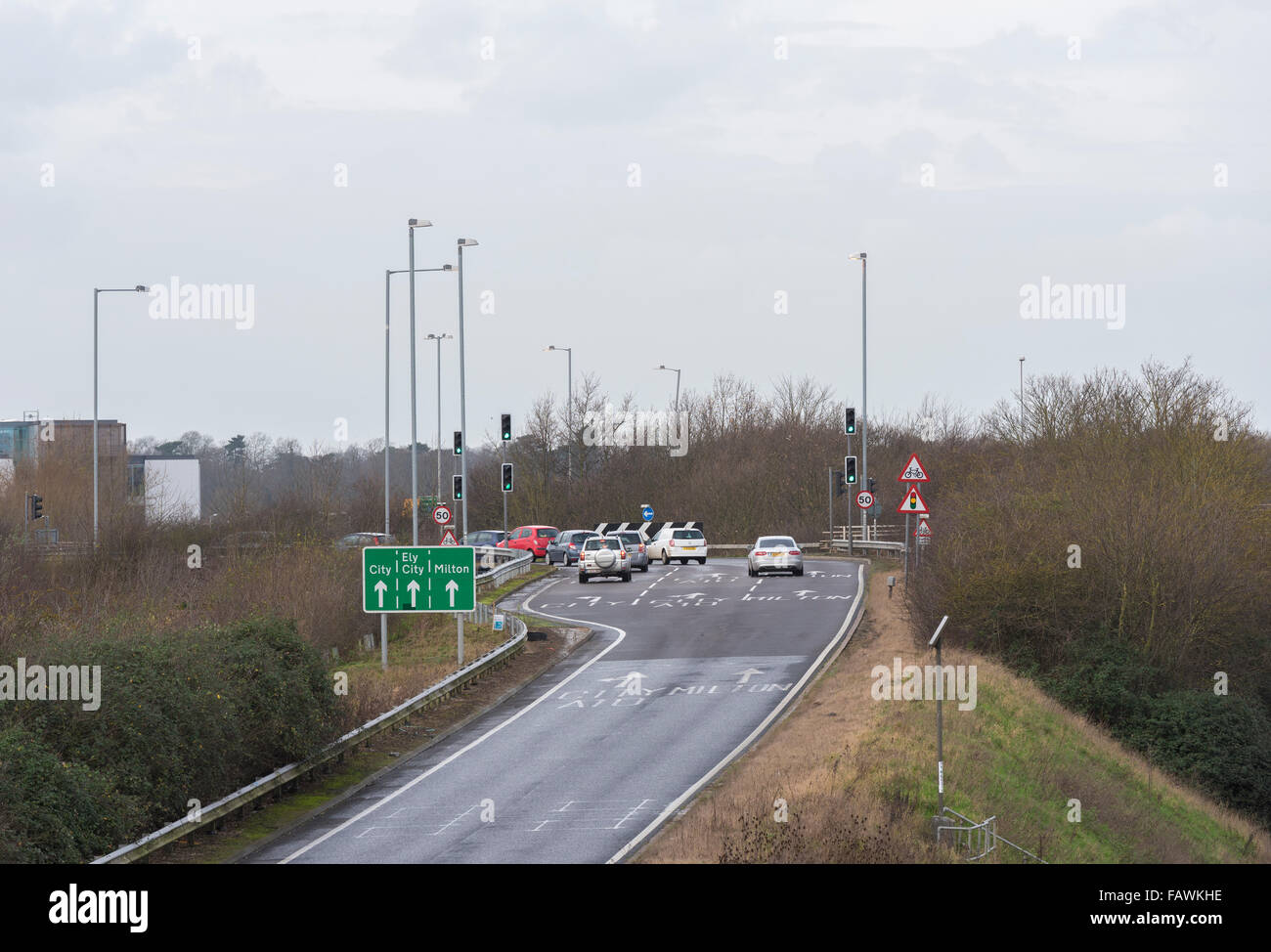 Slip road off A14 to Cambridge Ely Milton junction roundabout Milton Cambridge England Stock Photo