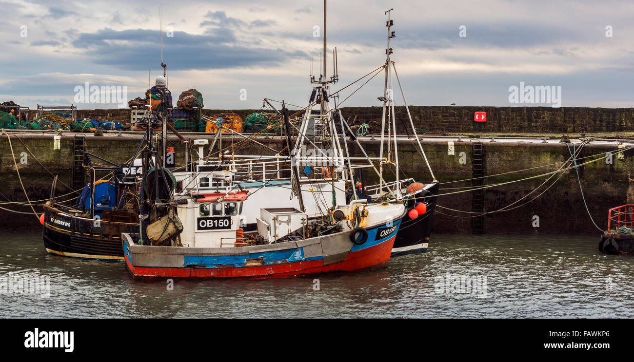 Fishing boats moored inside the harbour wall in Pittenweem on the coast of Fife, Scotland Stock Photo