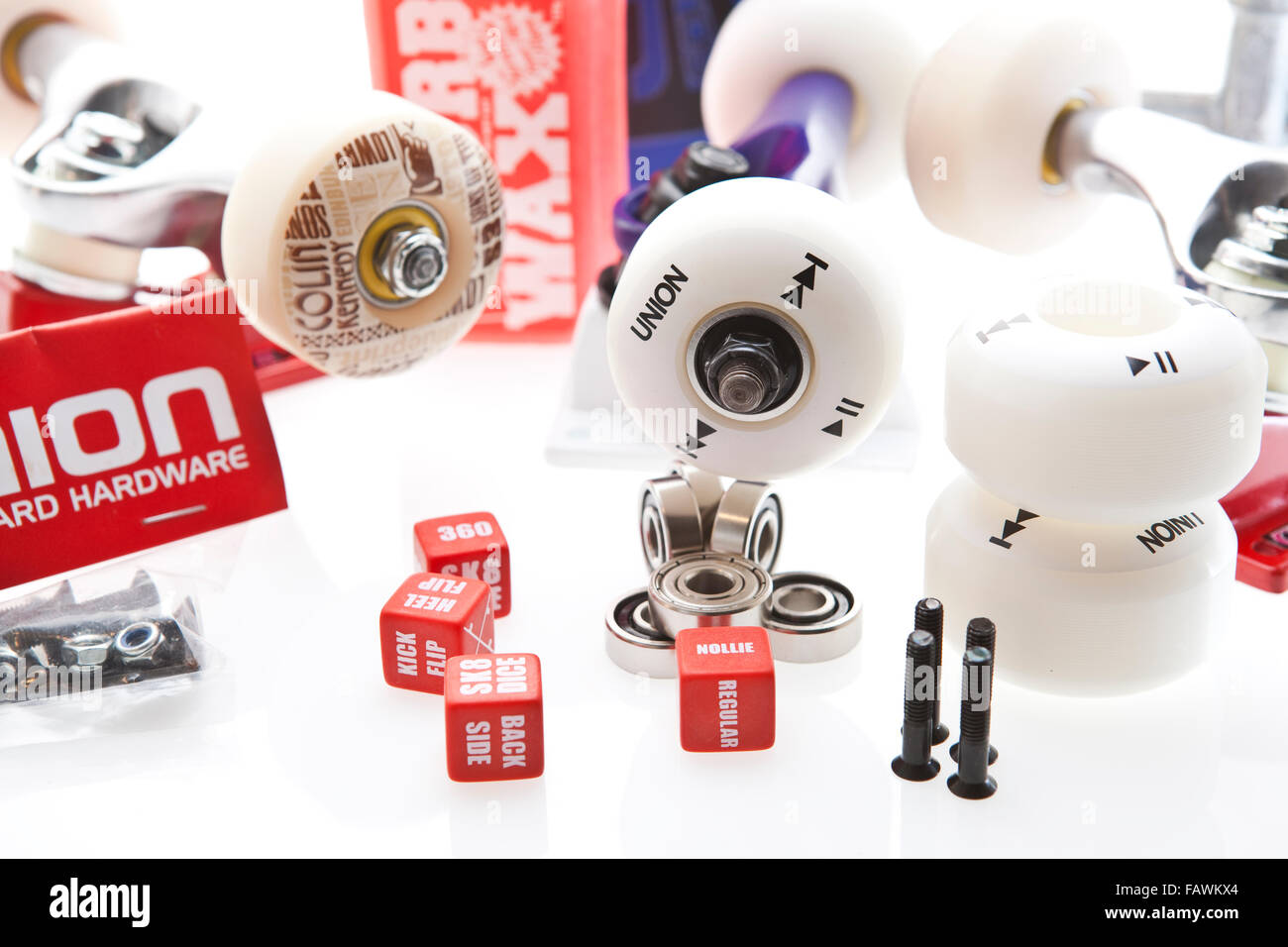 Skate Board Wheels Wrench bolts curb wax and bearings on a background