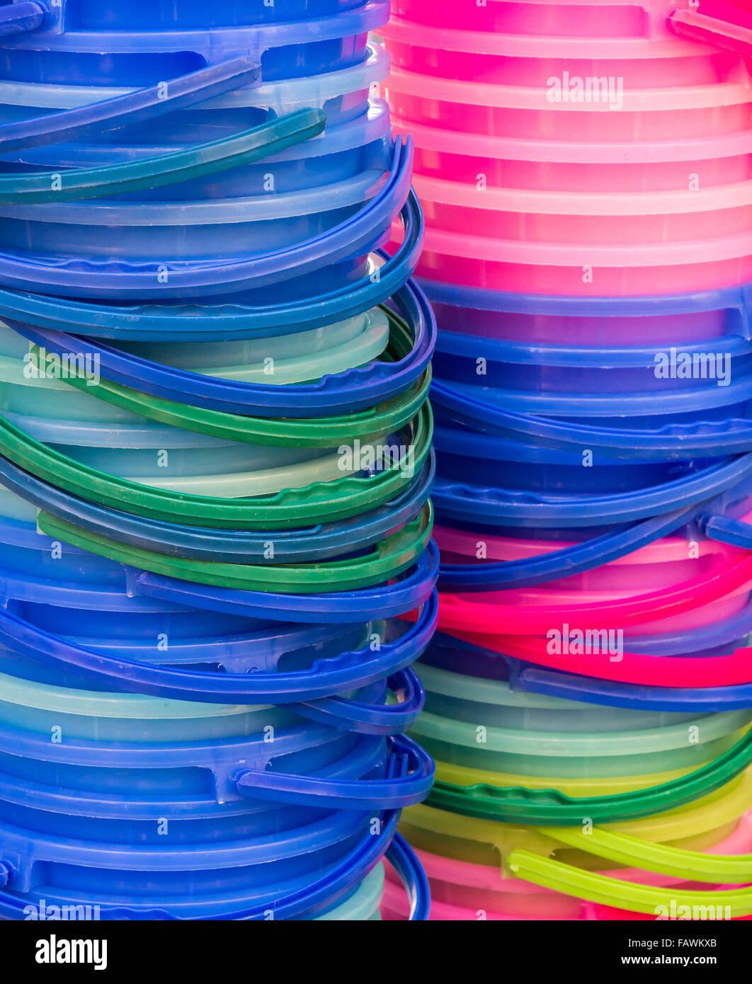 Colorful plastic bucket stack for ice cube in the Thai restaurant Stock