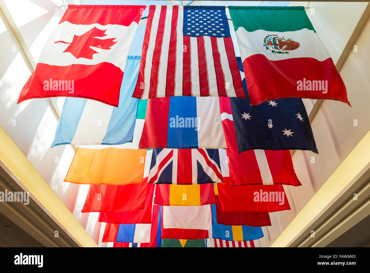 Flags from various countries hanging, Southern Methodist University; Dallas, Texas, United States of America Stock Photo