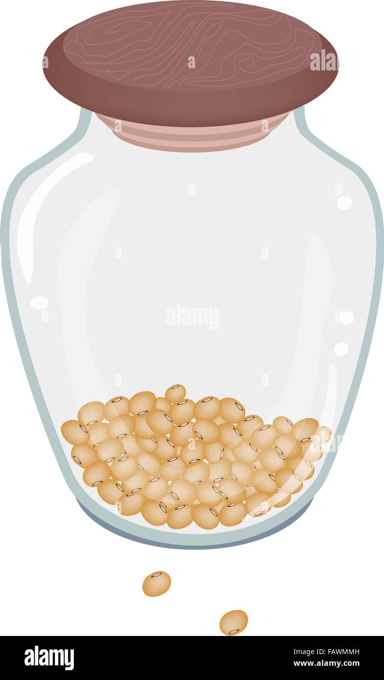 An Illustration Heap Of Soy Beans in A Tall Glass Jar Isolated on White Background Stock Vector