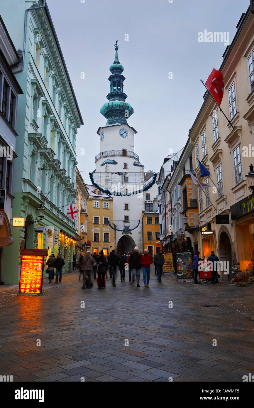 Old city gate and a tower in the old town of Bratislava, Slovakia. Stock Photo