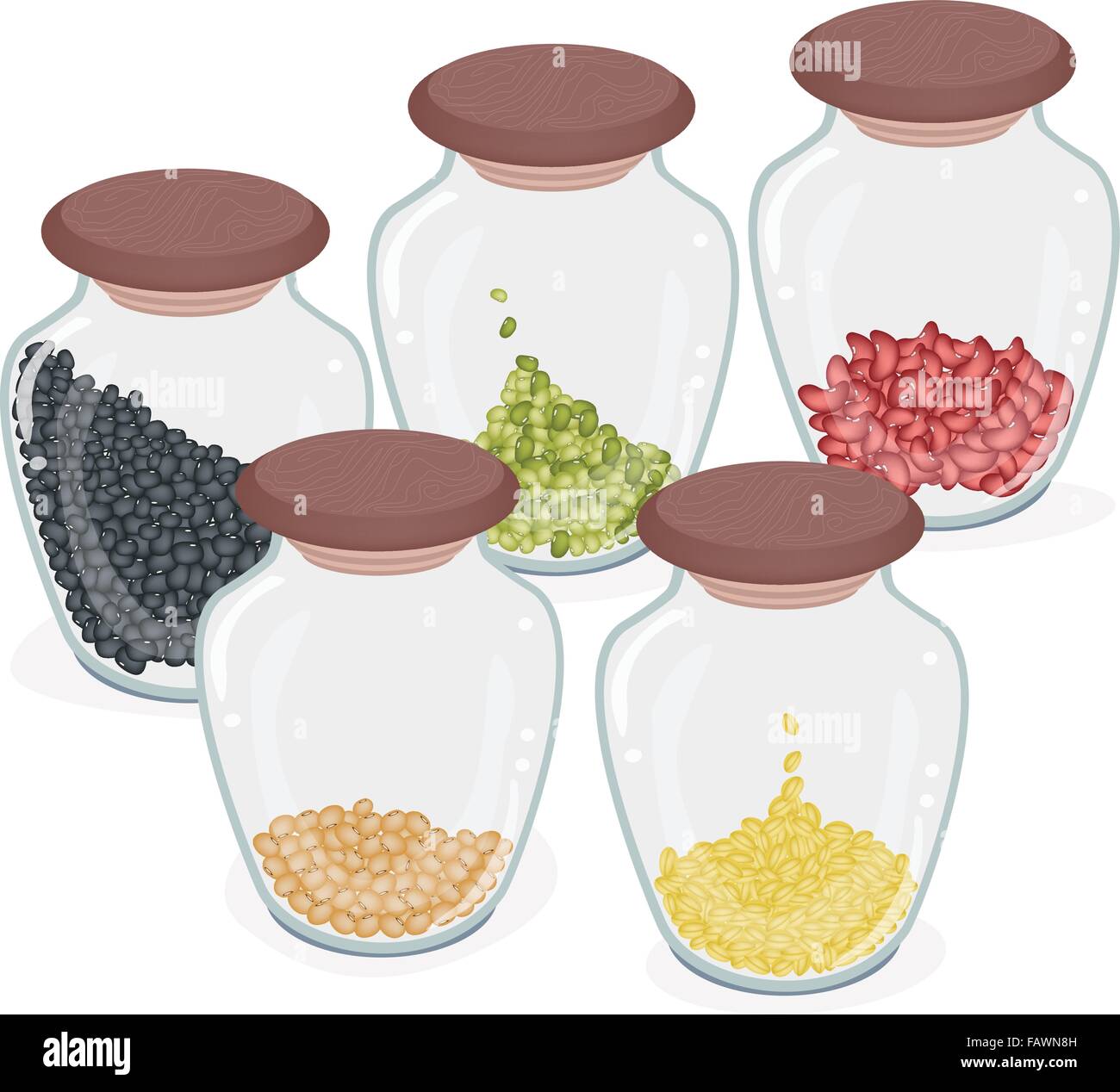 Different Dried Beans in Glass Jar, Mung Bean, Kidney Bean, Black Bean, Soy Bean and Yellow Split Peas Stock Vector