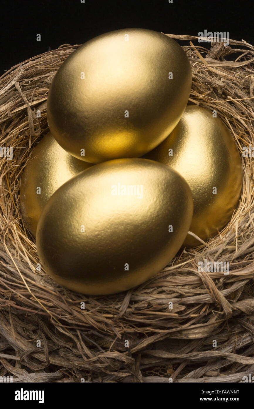 FOUR GOLDEN EGGS IN BIRD NEST BLACK BACKGROUND Stock Photo - Alamy