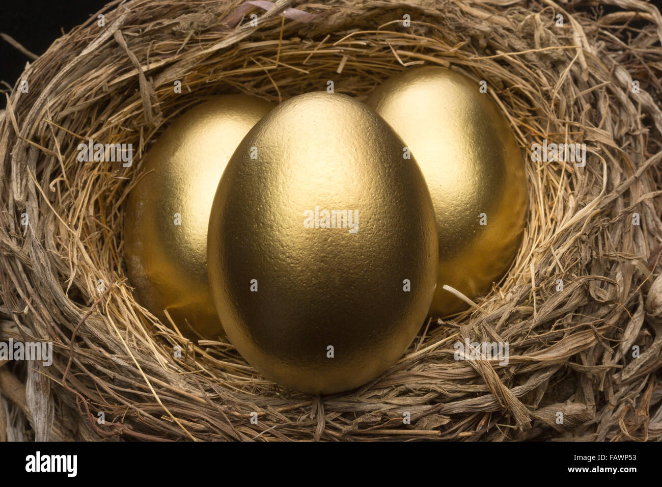 THREE GOLDEN EGGS IN BIRD NEST BLACK BACKGROUND Stock Photo - Alamy
