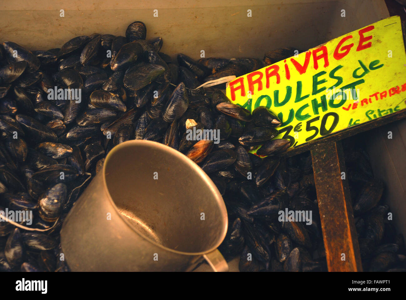 Moules on Sale in Local Market, Le Touquet, France Stock Photo