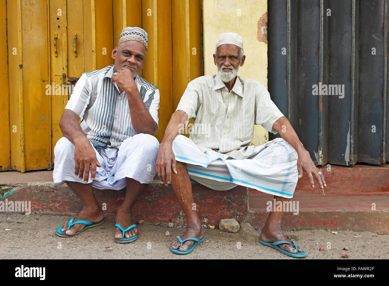 Religious Muslims with caps and white beards, Pettah, Colombo, Sri Lanka Stock Photo