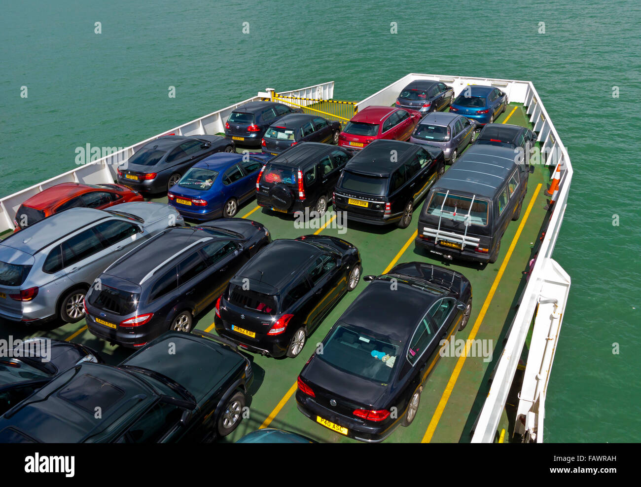 Cars on Red Funnel car ferry traveling in The Solent between