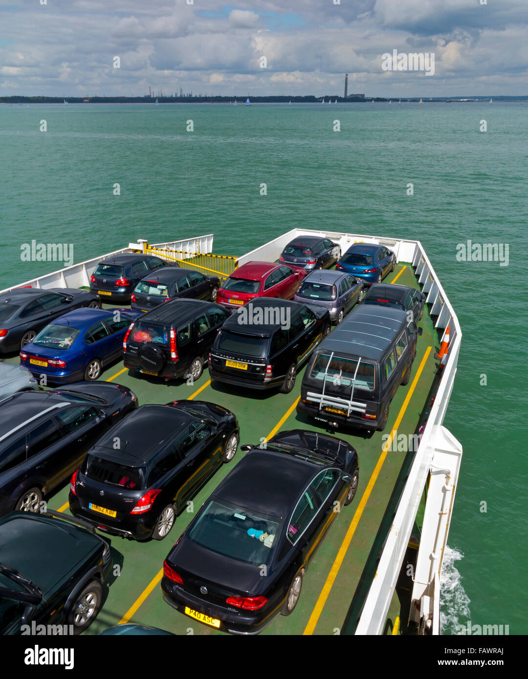 Cars on Red Funnel car ferry traveling in The Solent between