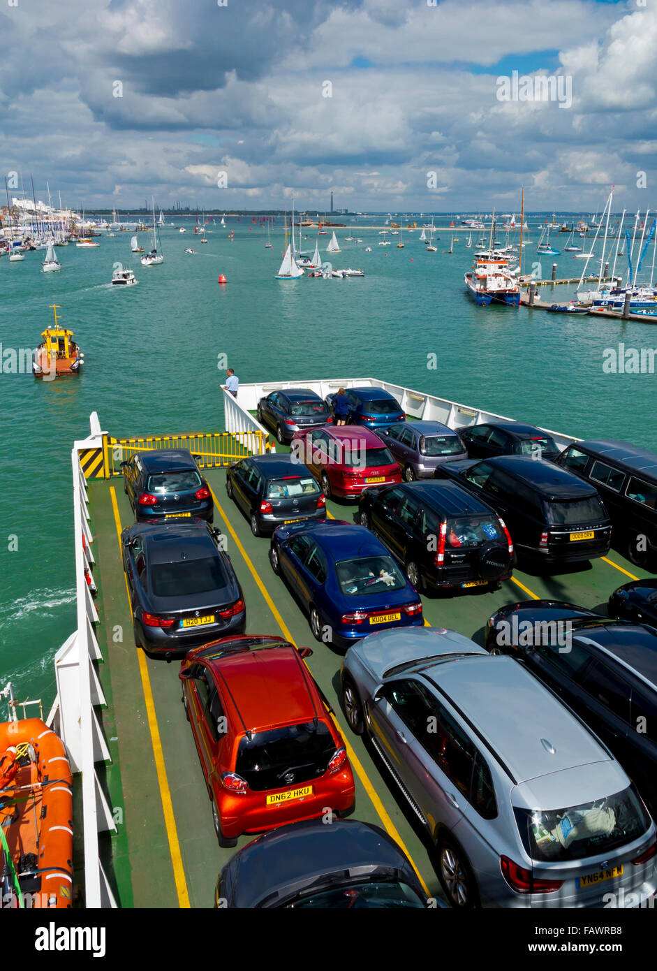 Cars on Red Funnel car ferry traveling in The Solent between