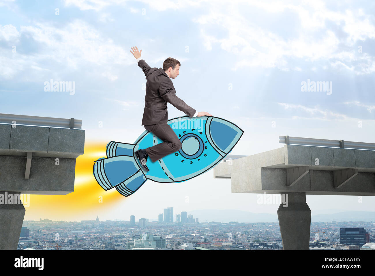 Businessman flying on rocket Stock Photo - Alamy