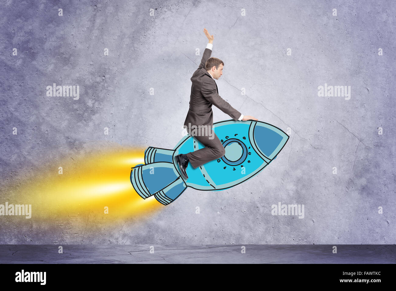 Businessman flying on rocket Stock Photo - Alamy