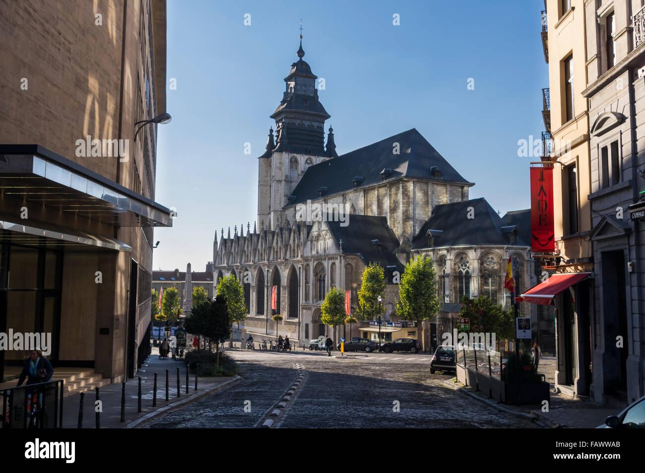 Église de la Chapelle or Kapellekerk, a Roman Catholic church built in gothic style with a baroque spire in Brussels, Belgium. Stock Photo