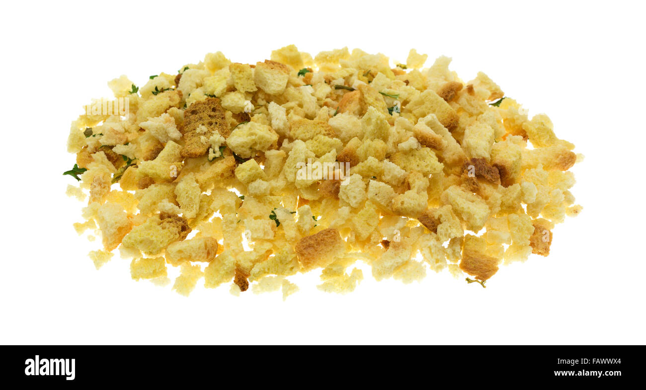 A portion of crumbled dry stuffing mix isolated on a white background. Stock Photo