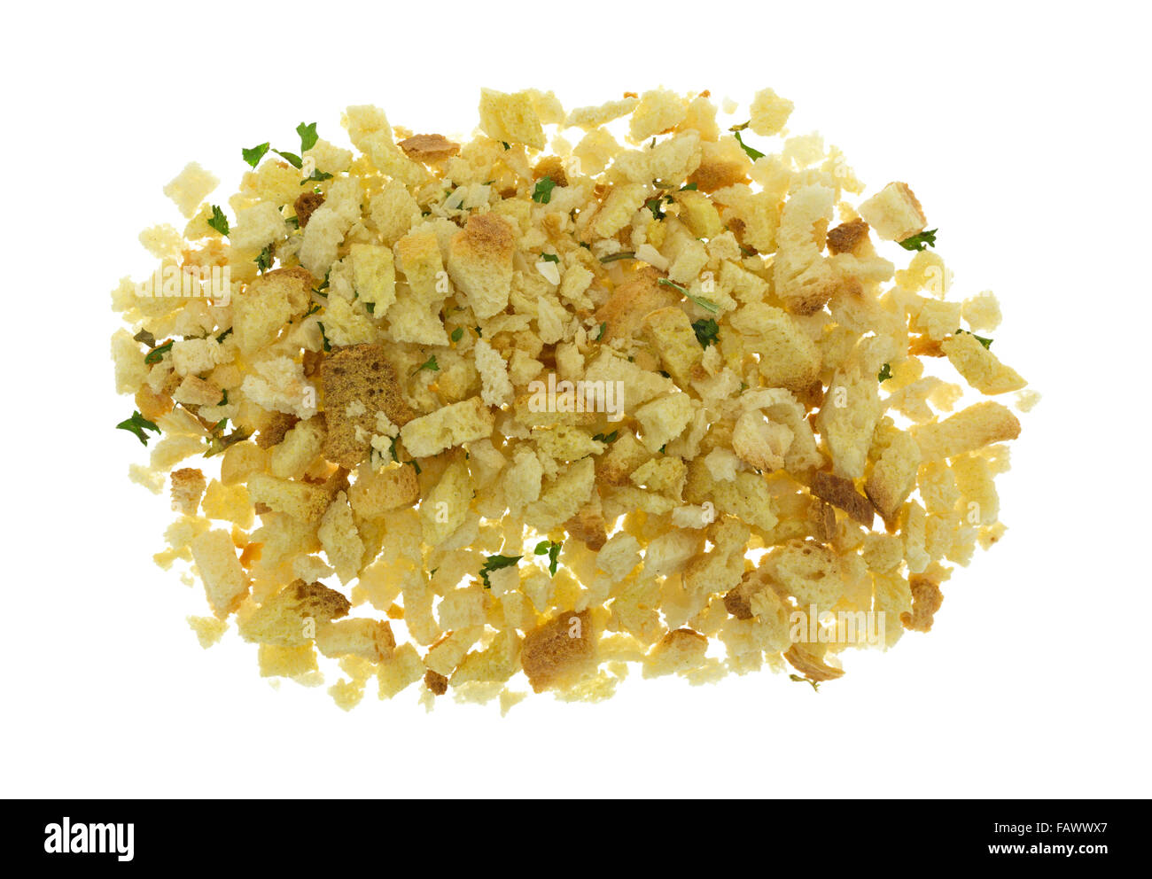 Top view of a portion of crumbled dry stuffing mix isolated on a white background. Stock Photo