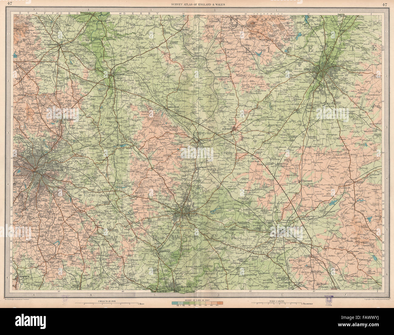 MIDLANDS:Birmingham Rugby Leicester Coventry Leamington Spa Redditch, 1939 map Stock Photo