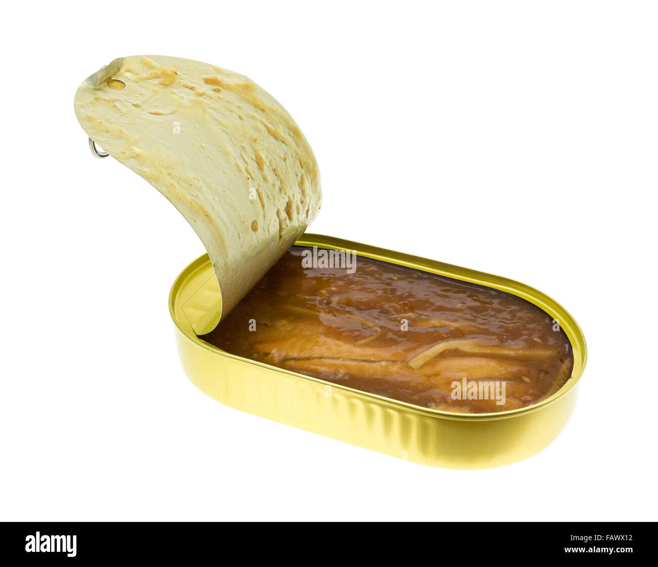 An opened tin of tilapia fillets in a thick teriyaki sauce with the lid still attached isolated on a white background. Stock Photo