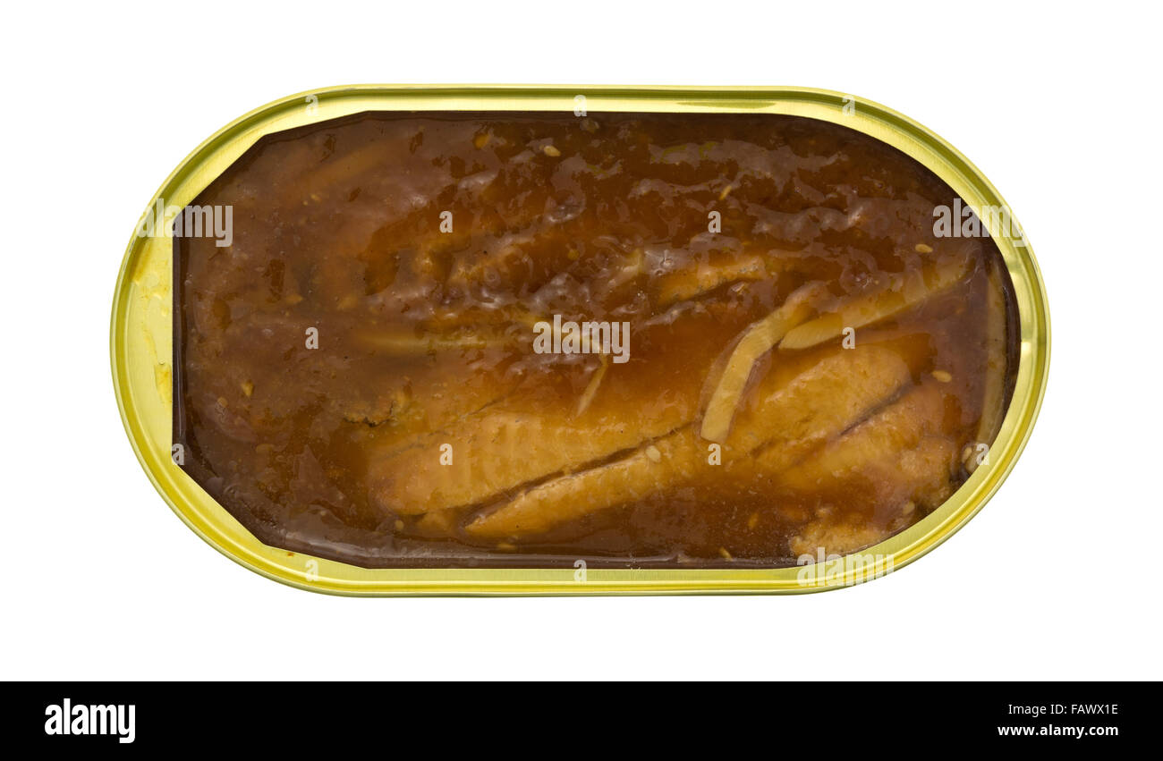Top view of an opened tin of tilapia fillets in a thick teriyaki sauce isolated on a white background. Stock Photo