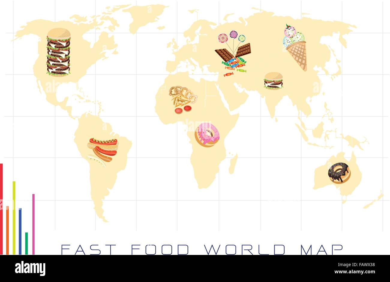 Food Benefit, Detailed Illustration of A Map of Fast Food and Sweet Food Production and Distribution On A Global Scale Stock Vector