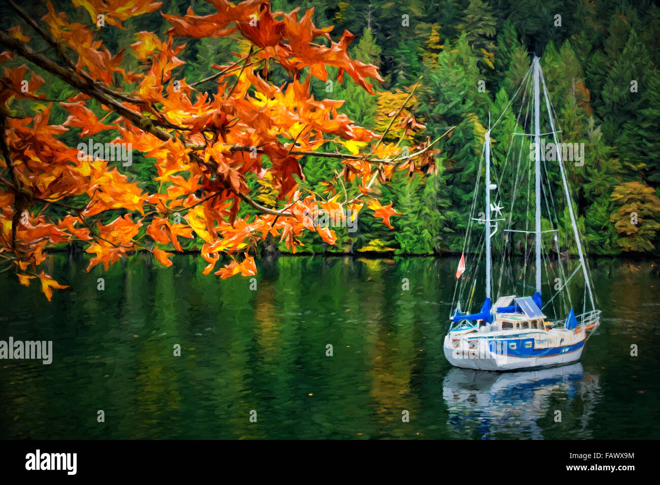A blue and white sailboat rests at anchor in autumn near Gowlland Tod Provincial Park, on the backside of Butchart Gardens, near Victoria Stock Photo