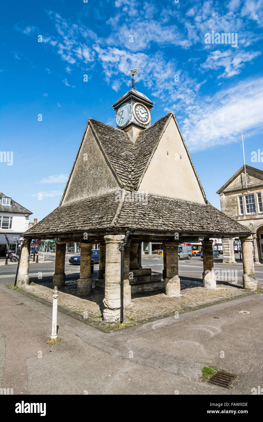 The small roofed open-air shelter known as the Butter Cross in the market place, near to the Town Hall, was erected in 1683, rep Stock Photo